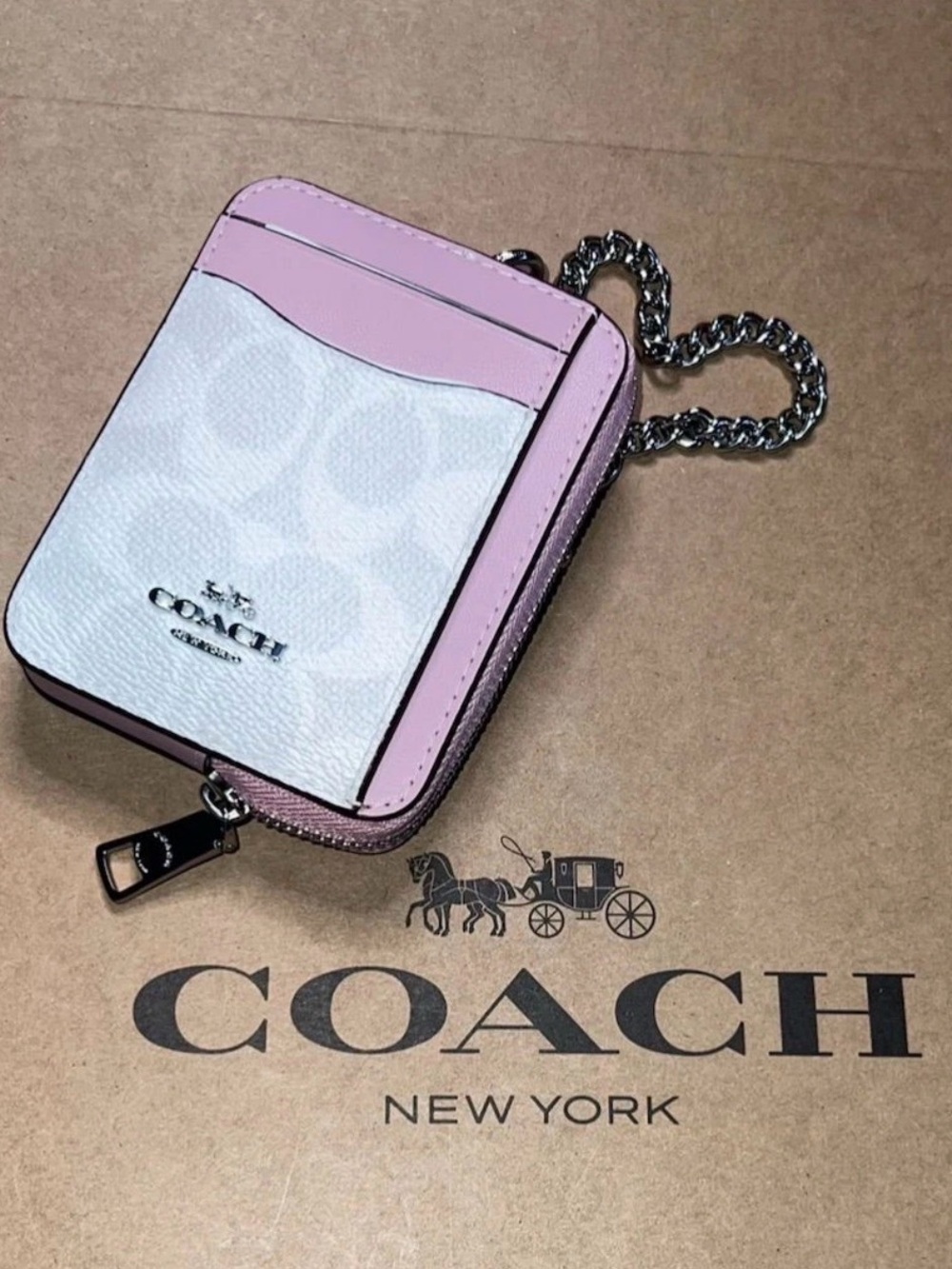 COACH Zip Card Case Cardholder Wallet Chalk & Carnation with Silver Hardware NWT - Picture 2 of 4